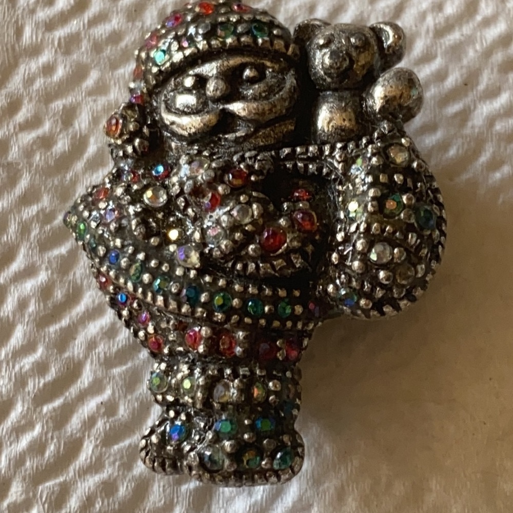 Santa Claus 1” Pave Marcasite Pin Brooch Vintage Silver Tone with Rhinestones